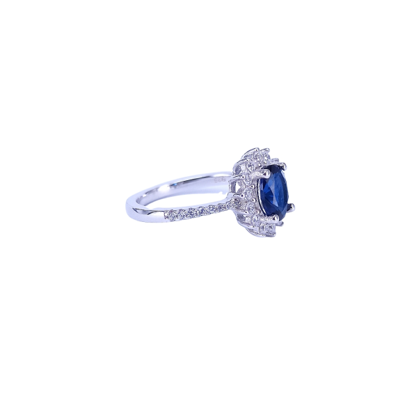 Oval Shaped Blue Cubic Zirconia Stone Halo Silver Ring (925 Silver) - Image 2